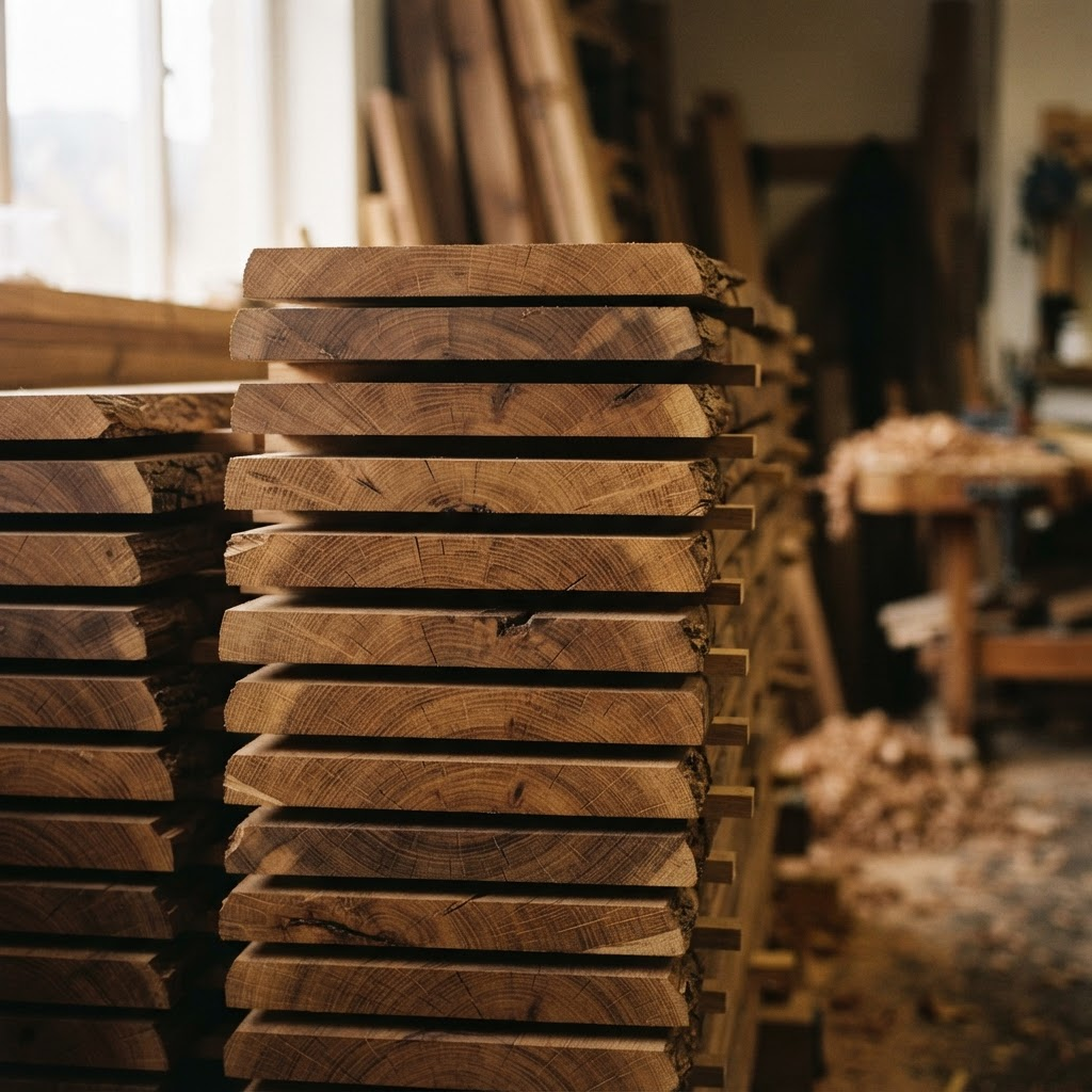 Neatly stacked sawn hardwood timber planks